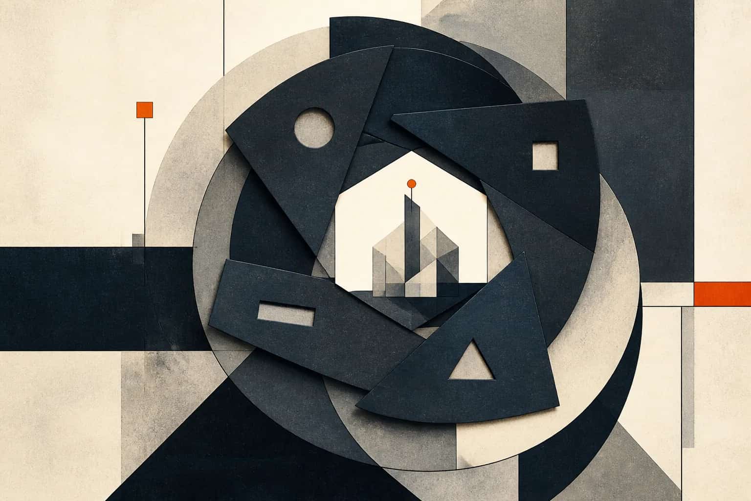 Rotating geometric shutters align around a clear central opening marked by a small orange pin